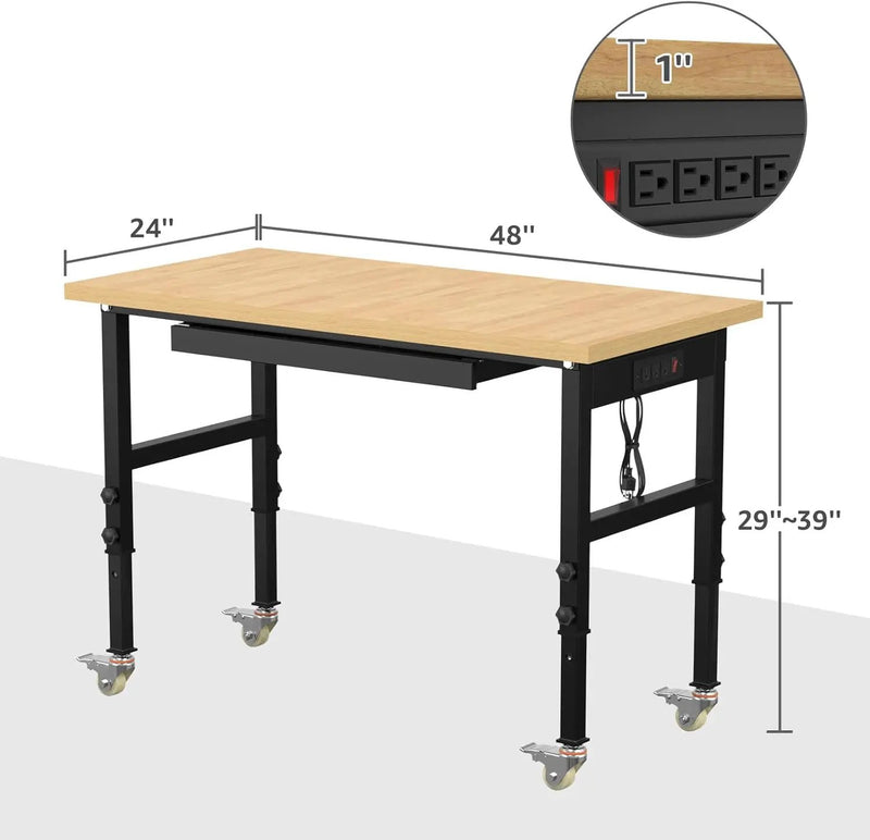 48" Adjustable Workbench,Heavy-Duty Work Table,3000 LBS Load Capacity Particleboard Hardwood Workstation Outlets with Power Strips, Drawers and Wheels,for Workshop, Garage by GreenHaven Gardens