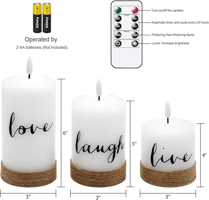 Battery Operated Flameless Flickering Candles with Remote Timer, LED Real Wax Pillar Candlesticks with Realistic 3D Wick, Set of 3 Live Laugh Love Home Decor(D3xH4 5" 6") by GreenHaven Gardens
