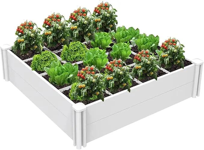 Raised Garden Bed Kit 4'x4' Outdoor Above Ground Planter Box for Growing Vegetables Flowers Herbs, DIY Gardening, Whelping Pen and More, Screwless White Vinyl Garden Bed with Grid by GreenHaven Gardens
