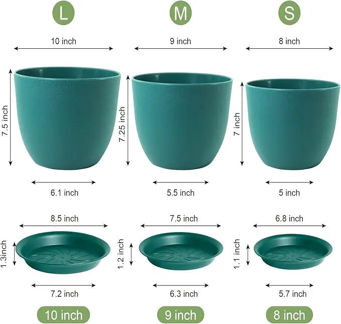 Flower Pots 10/9/8 inch, Set of 3 Modern Decorative Plastic Planters with Drainage Holes and Tray for House Plants Indoor Flowers Plants, Plant Pots for Indoor Outdoor Plants, Blue Green by GreenHaven Gardens