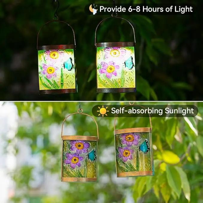 Starsoul 2 Pack Hanging Solar Lantern Outdoor Waterproof Glass Butterfly and Flowers Decorative Solar Lights for Outside Garden Yard Table Patio Decor by GreenHaven Gardens