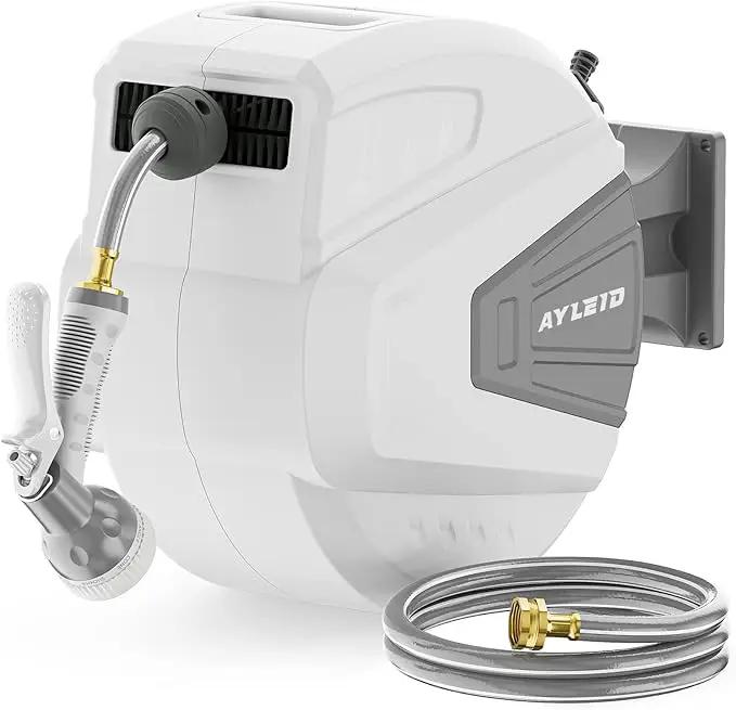Ayleid Retractable Garden Hose Reel,1/2 in x 100 ft Wall Mounted Hose Reel, with 9- Function Sprayer Nozzle, Any Length Lock/Slow Return System/Wall Mounted/180°Swivel Bracket (Grey) by GreenHaven Gardens