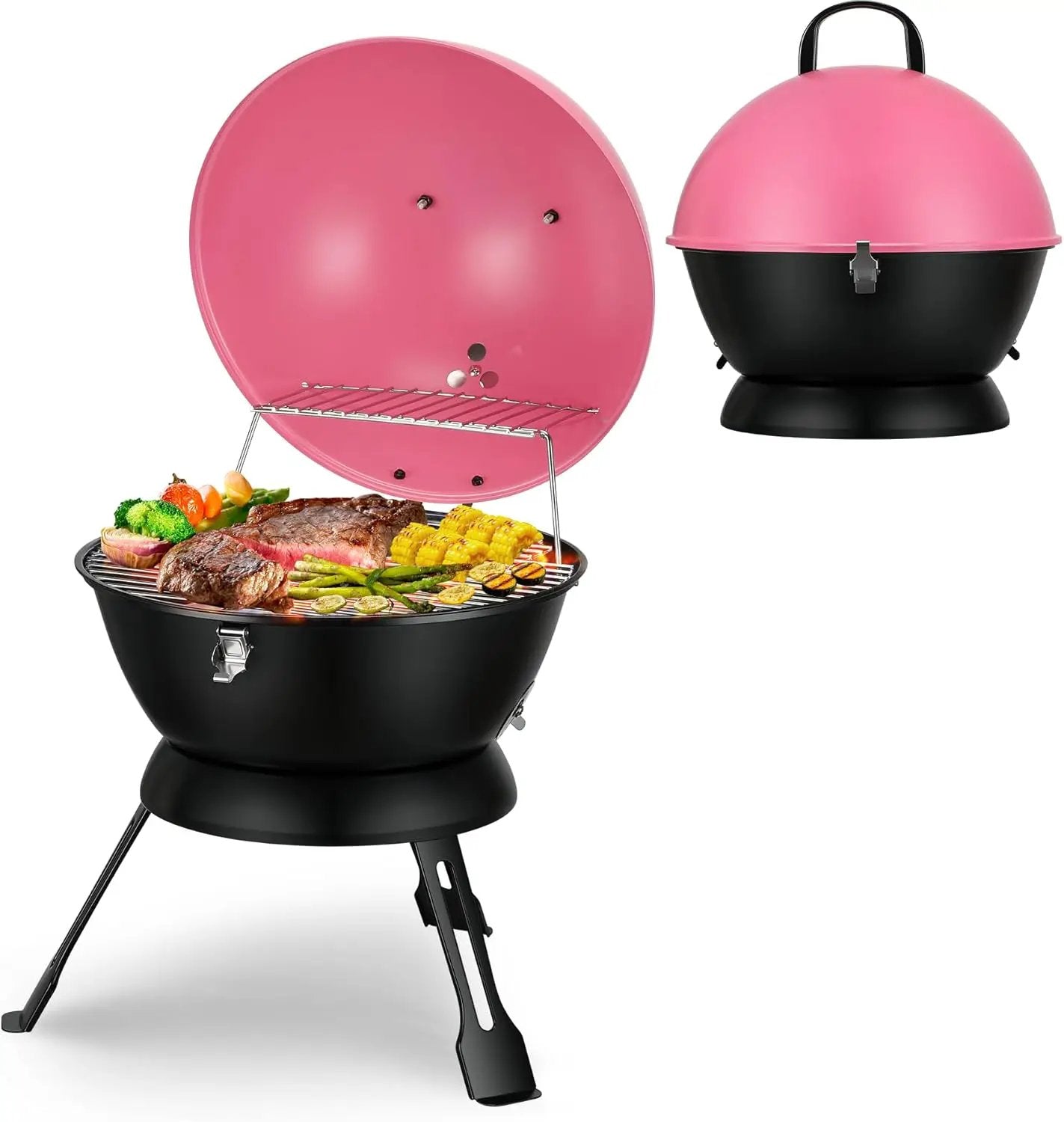 14inch Portable Charcoal Grill with Warming Rack, Small bbq Charcoal Grill Tabletop Foldable Grills for Backyard, Camping, Pink by GreenHaven Gardens
