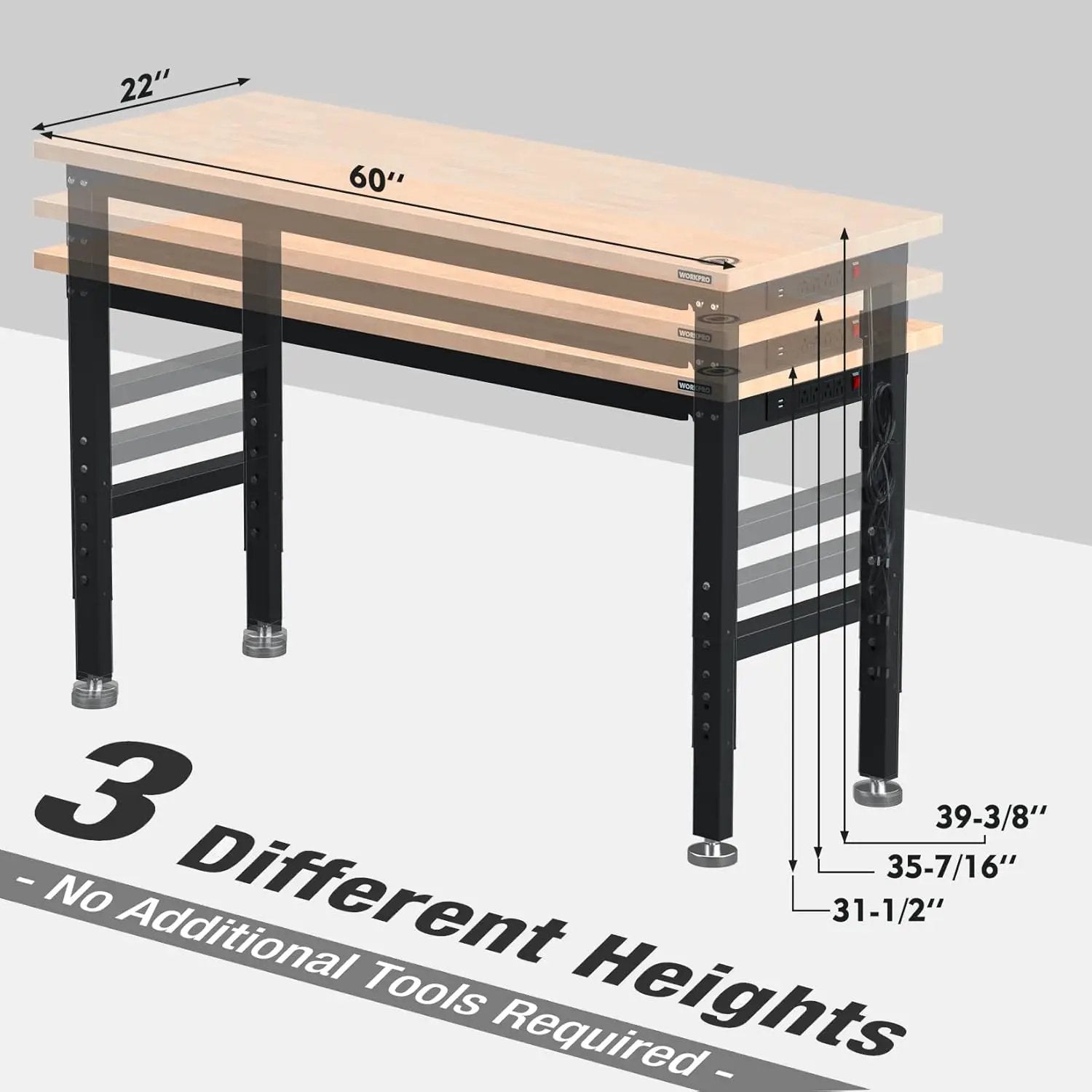 WORKPRO 60" Adjustable Workbench, Rubber Wood Top Heavy-Duty Workstation, 2000 LBS Load Capacity Hardwood Worktable with Power Outlets, for Workshop, Garage, Pack of 2 by GreenHaven Gardens