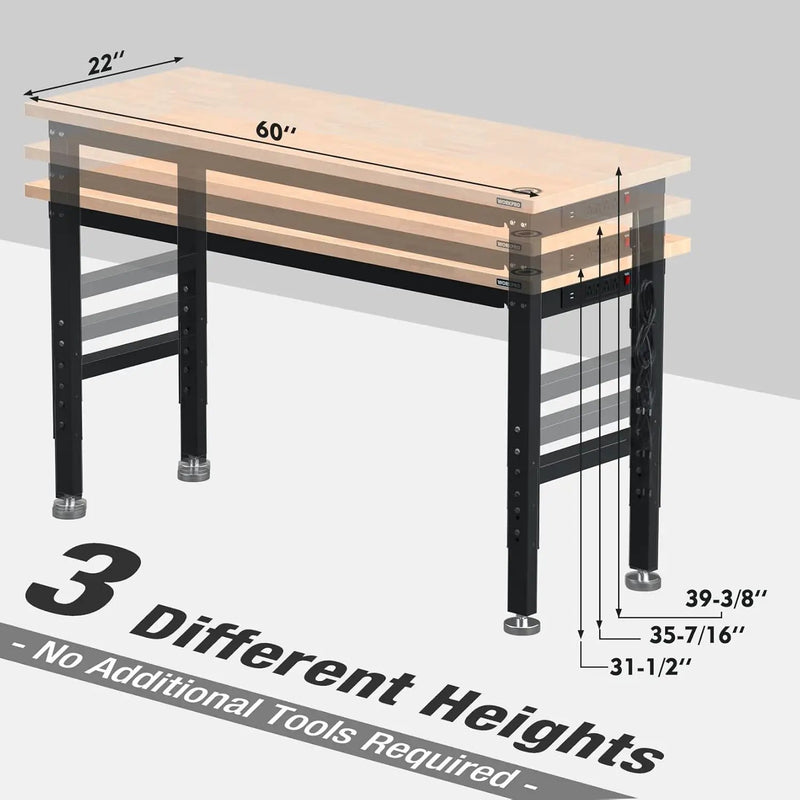 WORKPRO 60" Adjustable Workbench, Rubber Wood Top Heavy-Duty Workstation, 2000 LBS Load Capacity Hardwood Worktable with Power Outlets, for Workshop, Garage, Pack of 2 by GreenHaven Gardens