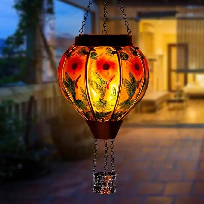DREAMSOUL Hummingbird Hot Air Balloon Solar Lantern, Hanging Solar Lanterns Outdoor with Flickering Flame Light, Metal & Glass Solar Lanterns Outdoor Waterproof for Patio Yard Decor by GreenHaven Gardens