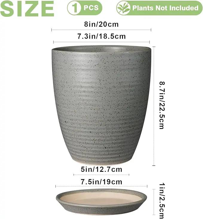 8 Inch Plant Pot Ceramic Planter Pot with Drainage Hole and Saucer Modern Round Flower Pot for Indoor Plants Light Gray by GreenHaven Gardens