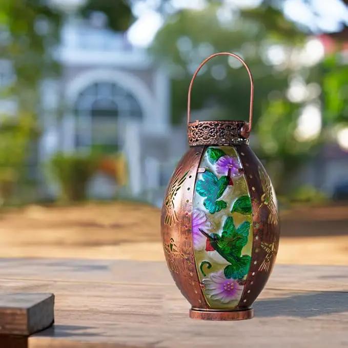 Starsoul Hummingbird Solar Lantern Stained Glass & Metal Outdoor Lantern Waterproof Hummingbird Hanging Metal Decorative Lights for Patio Table Garden Pathway Yard by GreenHaven Gardens