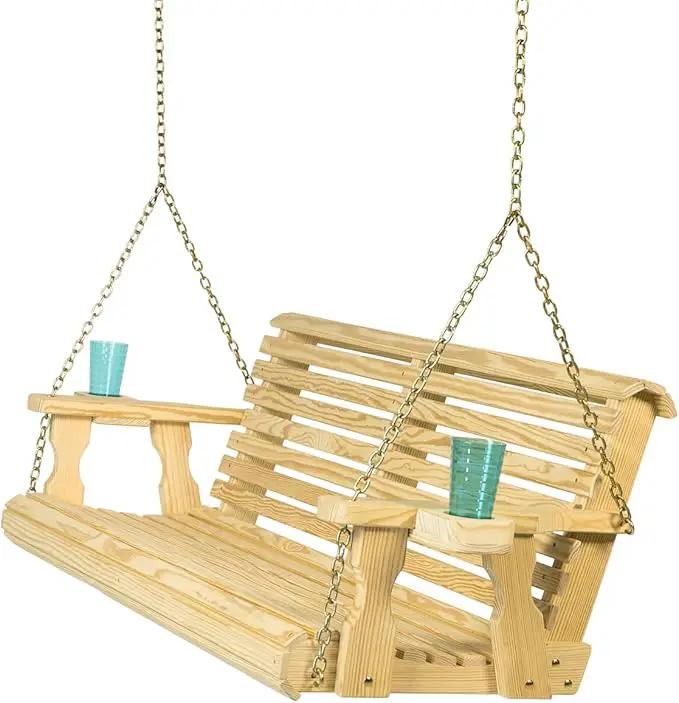 Amish Casual 5 Foot Roll Back Porch Swing with Cup Holders in Unfinished - Amish Made in The USA from Treated Pine Heavy Duty 700 Lb. Weight Capacity by GreenHaven Gardens