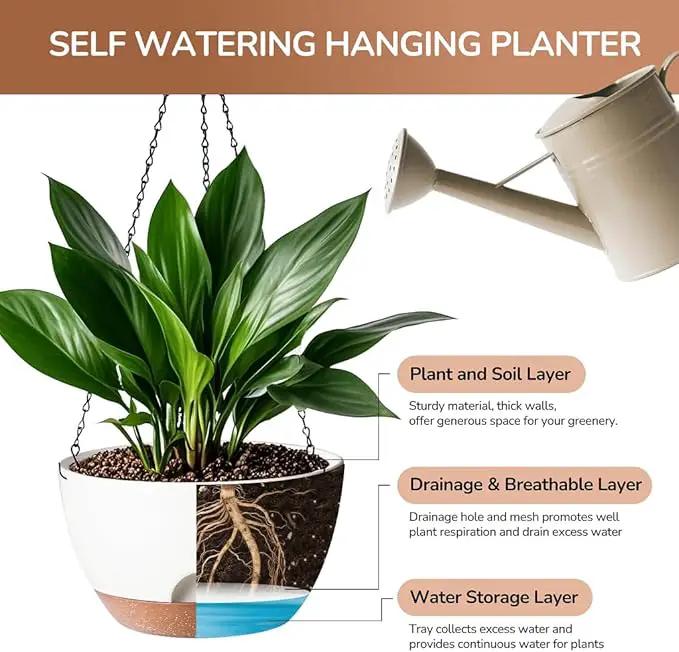 12 Inch Hanging Baskets for Plants Outdoor, Hanging Planters for Indoor Outdoor Plants, Hanging Planter with Self Watering, Hanging Flower Pots (White) by GreenHaven Gardens