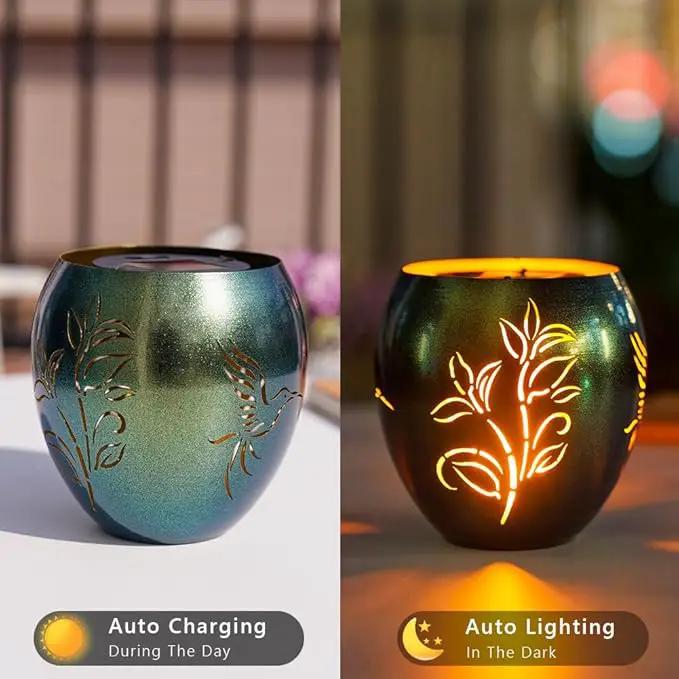 VEWOGARDEN Solar Lanterns Outdoor Waterproof Hummingbird & Plant Hollowed-Out Metal Lantern Solar Lights with Flickering Flame for Patio Porch Table, Green by GreenHaven Gardens