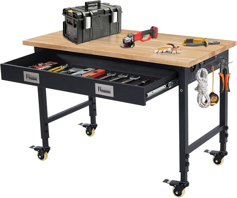 48'' Adjustable Workbench, Heavy Duty Workbench with Drawer, Power Outlet and Lockable Wheels, 2000 LBS Capacity, Work Table Suitable for Office, Garage, Workshop by GreenHaven Gardens