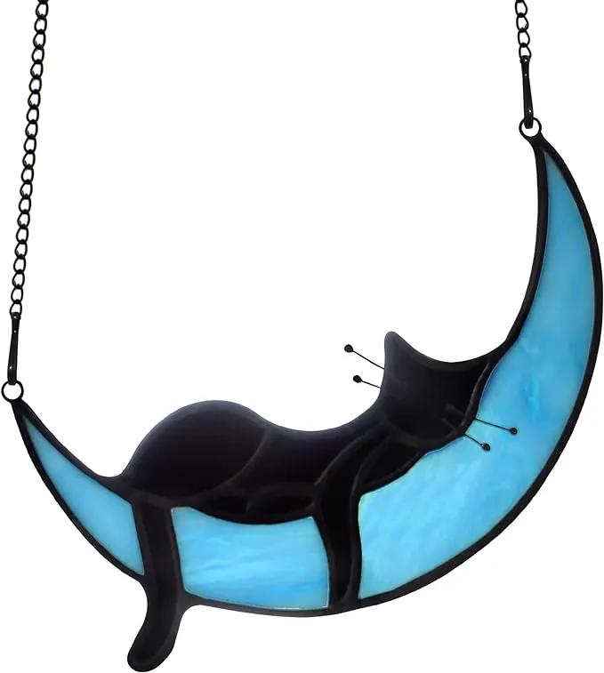 BOXCASA Sleeping Cat Stained Glass Windown Hanging,Black Cat on Moon Beautiful Handcrafted Sun Catcher Gifts for Daughter,Mothers Day,Christmas and Cat Lover by GreenHaven Gardens