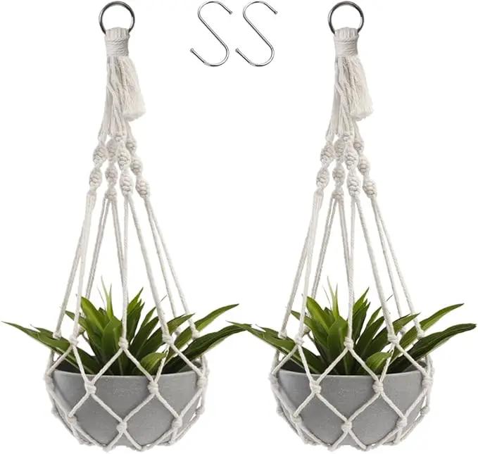 Artilady Macrame Plant Hanger Large Hanging Planter for Indoor Plants Holder White Cotton Rope Hanging Plant Basket Handmade Outdoor Window Boho Plant Wall Decor by GreenHaven Gardens