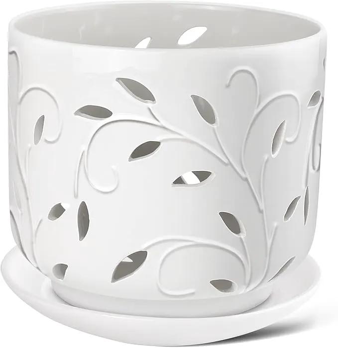EFISPSS Orchid Pots with Holes, 7 Inch Orchid Pots with Drainage Holes and Tray, Indoor or Outdoor Ceramic Flower Pot for Orchid Care, Promoting Air Circulation and Drainage Plant Pot - White by GreenHaven Gardens