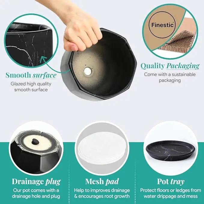 Black Plant Pot with Drainage Holes and Saucers, Ceramic Pots for Indoor Outdoor Plants, 4 & 5 Inch Premium Hand Glazed Sustainable Planters for Flower, Garden, Succulent, Nursery, Home Decor by GreenHaven Gardens