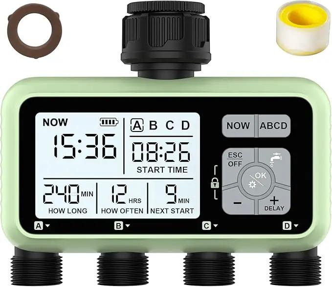 4 Outlet Sprinkler Timer, Programmable Garden Hose Timer with Rain Delay, Manual& Automatic Watering System, Waterproof Gardening Supplies Irrigation Controller for 4 Separate Water Zones by GreenHaven Gardens