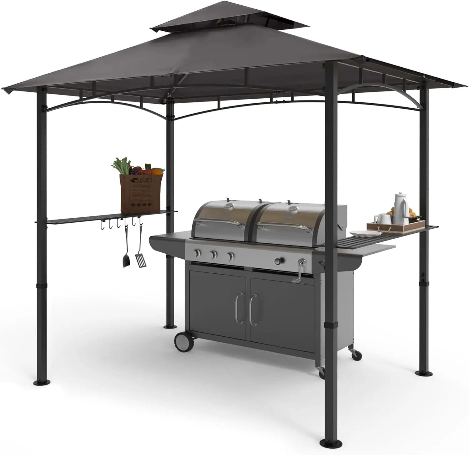 COOSHADE 8'x 5' Grill Gazebo Double Tiered Outdoor BBQ Gazebo Canopy with LED Light (Gray) by GreenHaven Gardens