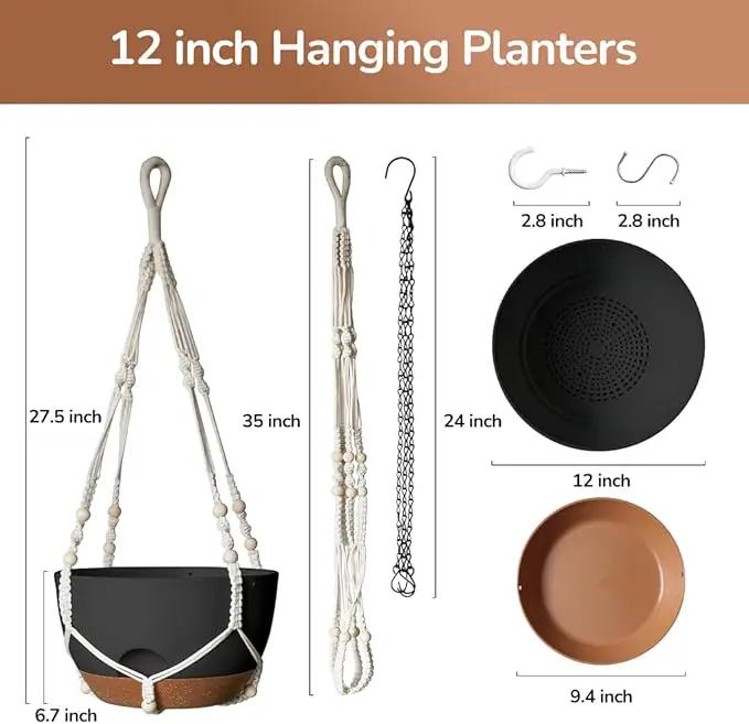 12 Inch Hanging Baskets for Plants Outdoor, Hanging Planters for Indoor Outdoor Plants, Hanging Planter with Self Watering, Hanging Flower Pots (Black Planter with Macrame + Iron Hangers) by GreenHaven Gardens