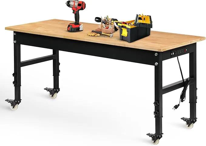60" Adjustable Workbench for Garage, Rubber Wood Heavy Duty Workstation with Power Outlets & Wheels, 2000 LBS Load Capacity Hardwood Worktable for Workshop, Garage, Office, Home, Commercial by GreenHaven Gardens