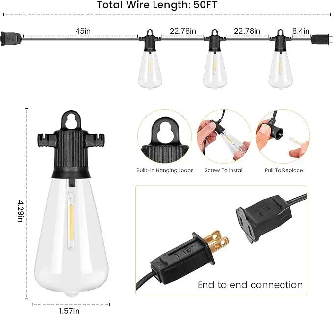 LED Outdoor String Lights, 50 FT Waterproof Patio Lights with 25+2 ST38 Vintage Edison Shatterproof Bulbs, Connectable Dimmable Hanging Lights for Backyard Bistro Cafe Garden Gazebo - Warm White by GreenHaven Gardens