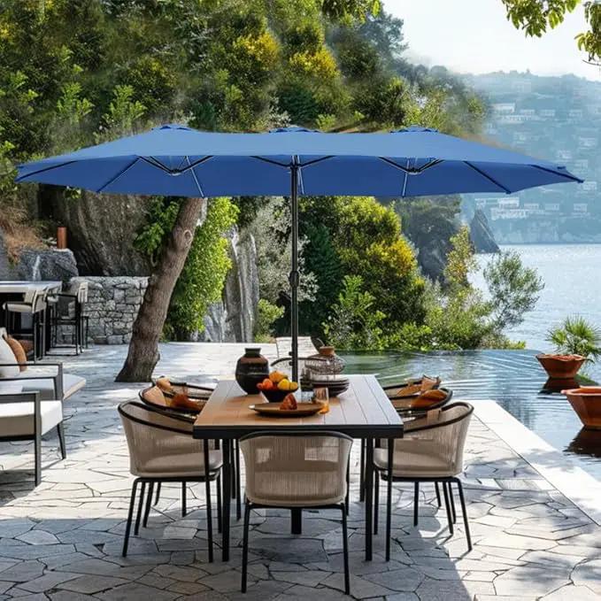 GREEN PARTY 15 ft Rectangle Patio Umbrella with Base Included, Double-Sided Table Umbrella with Crank, Large Outdoor Umbrellas for Patio Poolside Garden Backyard, Haze Blue by GreenHaven Gardens