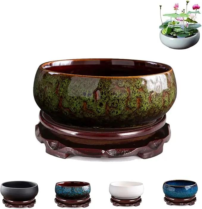 Lotus Bowl Planter, Lotus Bowls for Planting in Water Indoors,6.5-inch Round Succulent Flower Pot with Rotating Bracket, Leak-Proof Design, Suitable for hydroponic Plants, Succulents (Green) by GreenHaven Gardens