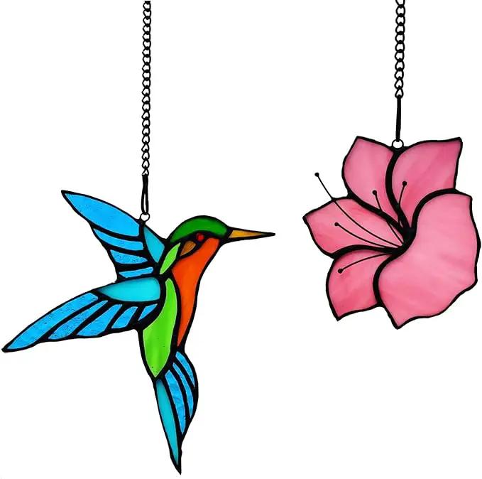 2 Pack Stained Glass Hummingbird with Flower Suncatcher for Window Hanging Ornament, Sun Catchers Indoor Window, Stained Glass Birds with Flower Gifts for Women, Mom, Birds Lovers by GreenHaven Gardens