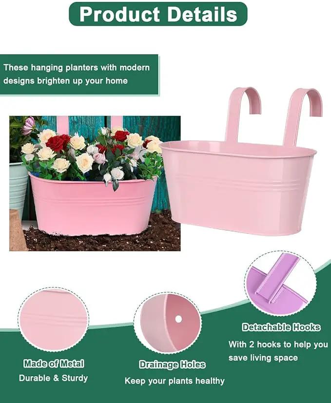 vensovo Metal Railing Planter for Outdoor Plants - 3 Pack Balcony Hanging Flower Pots with Detachable Hooks and Drain Holes Oval Bucket Rail Box Fence Planters for Home Garden Decor, Purple Pink Blue by GreenHaven Gardens