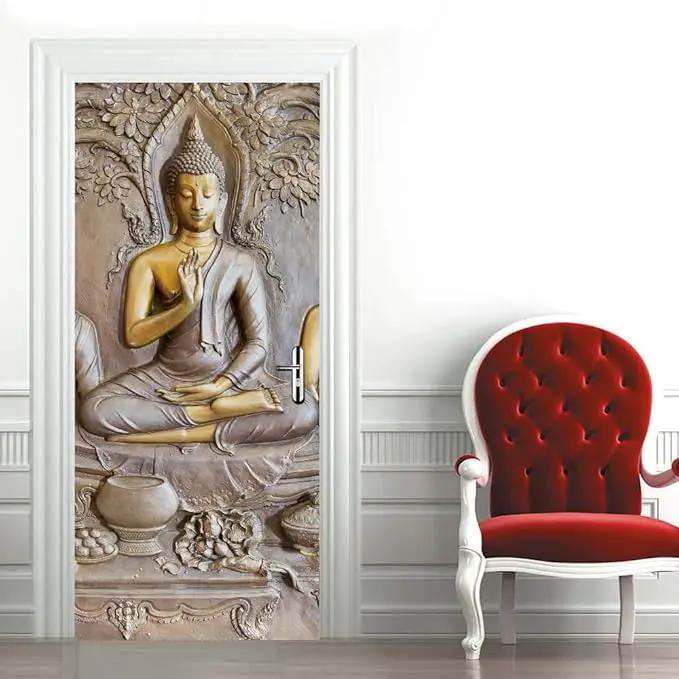 3D Door Stickers - Buddha Statue Murals - Peel & Stick Wallpaper - Self-Adhesive Decals - Removable PVC Waterproof - Bedroom & Living Room - 33.9" x 78.7" by GreenHaven Gardens