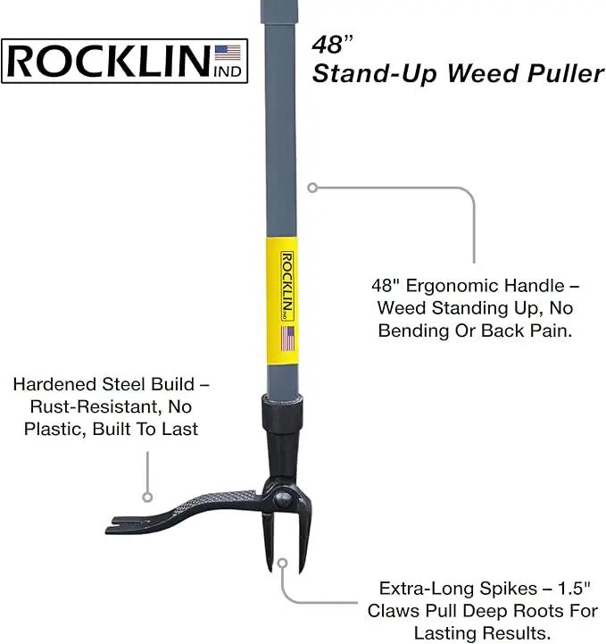 Rocklin™ Stand Up Weed Puller Tool - 4 Claw Steel Head - 48 inch Handle - 100% Metal - Easily Remove Weeds Without Bending or Kneeling (WeedPuller2.0) by GreenHaven Gardens