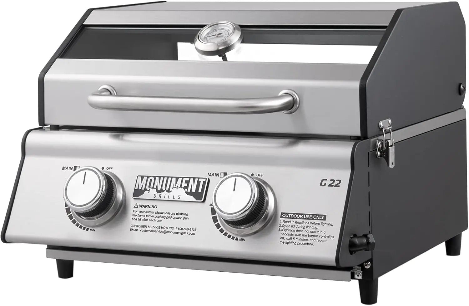 Portable Propane Gas Grill 2-Burner Tabletop Clearview® Monument Grills for Outdoor Camping Cooking, Two 15,000 BTU Burners, Stainless Steel, and Built-in Thermometer by GreenHaven Gardens