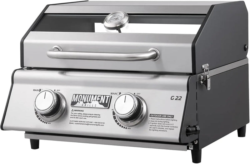 Portable Propane Gas Grill 2-Burner Tabletop Clearview® Monument Grills for Outdoor Camping Cooking, Two 15,000 BTU Burners, Stainless Steel, and Built-in Thermometer by GreenHaven Gardens