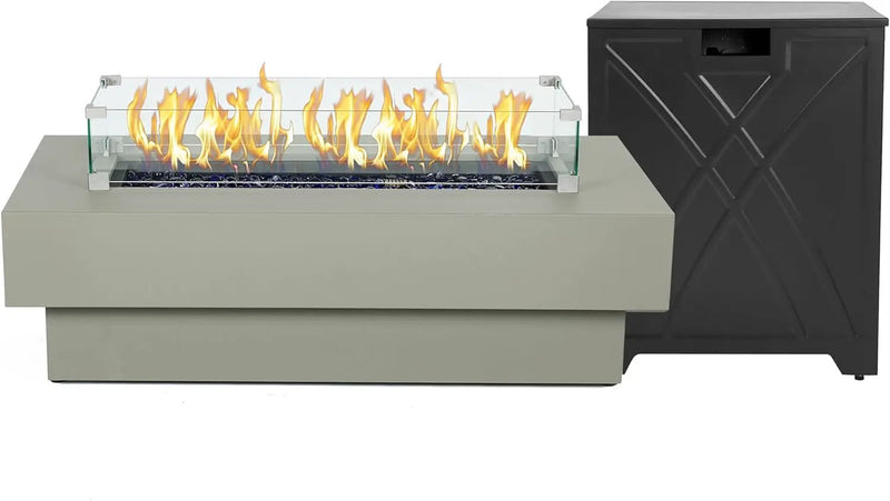 48-inch Fire Table with 20lb Propane Tank Cover & Wind Glass Shield, 50,000BTU Outdoor Modern Patio Fire Pit Table w/Rectangular Burner Lid, Glass Rocks, Pre-Attached 10ft External Gas Hose by GreenHaven Gardens