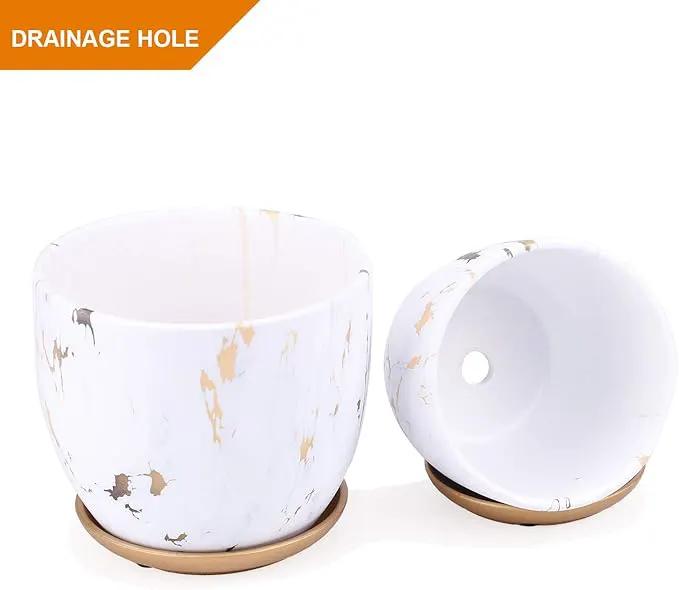 8 Inch Ceramic Plant pots (Set of 2), 8 Inch 7 Inch Modern Flower Planter, Gold Marble Gardening Pots with Drainage Hole and Saucer for Outdoor Indoor Yard Garden Home Office Decoration. by GreenHaven Gardens