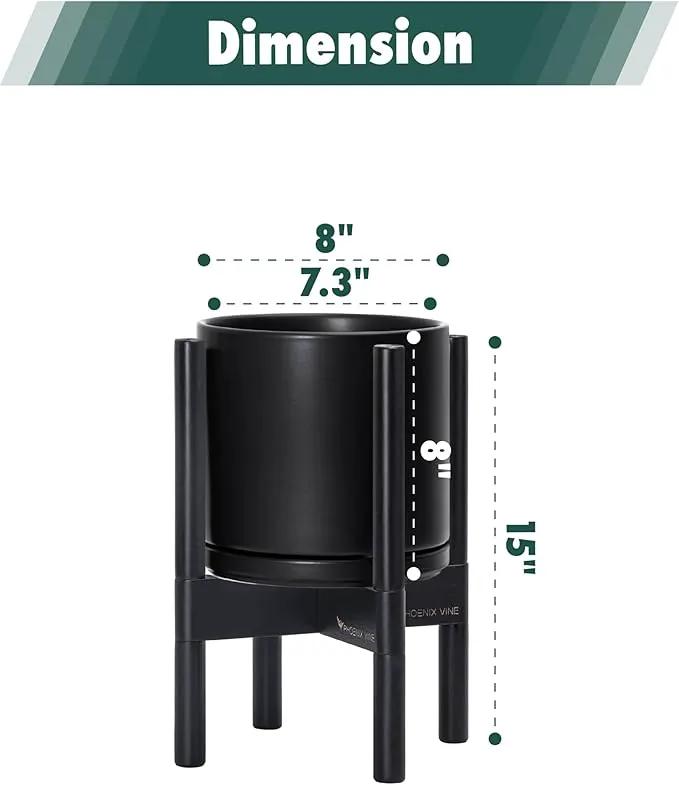 D'vine Dev Ceramic Planter with Ebony Stand - 8 Inch Modern Round Flower Pot with Wood Planter Holder, Black, 55-B-M-2 by GreenHaven Gardens
