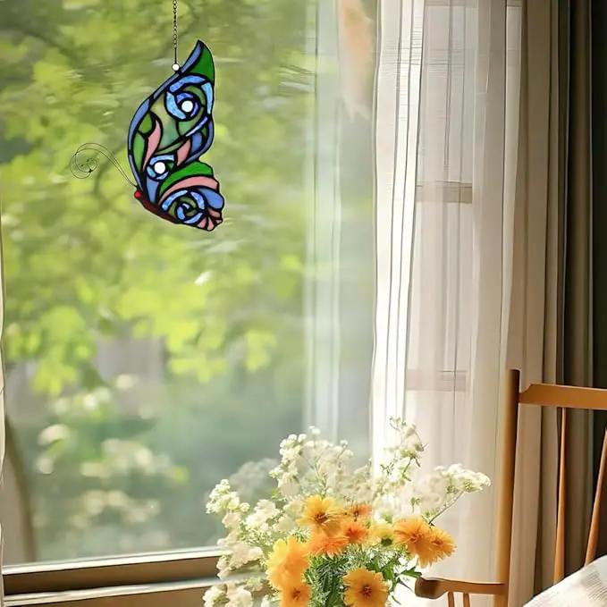 Stained Glass Window Hangings Butterfly Tiffany Style Butterfly Suncatcher for Window Hanging Suncatchers Handcrafted Ornament (Green&Blue) by GreenHaven Gardens