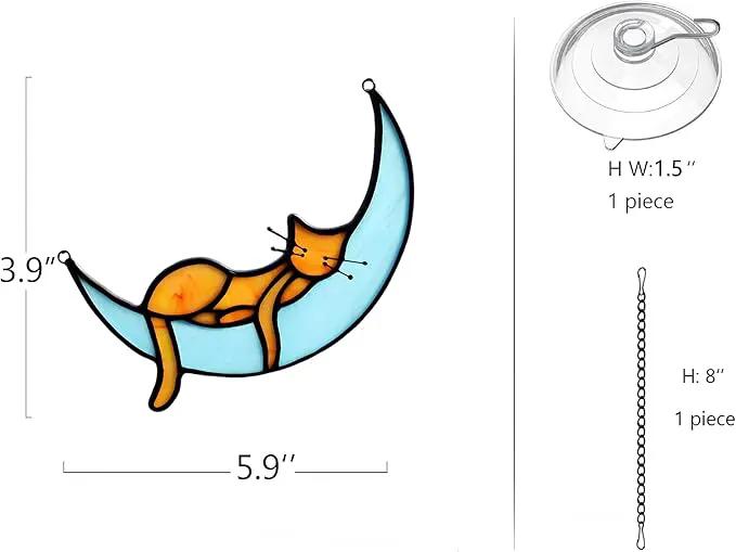BOXCASA Sleeping Cat Stained Glass Windown Hanging,Orange Cat on Moon Beautiful Handcrafted Sun Catcher Gifts for Daughter,Mothers Day,Christmas and Cat Lover by GreenHaven Gardens