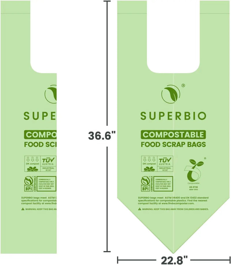 SUPERBIO 13 Gallon Handle Tie Compostable Food Waste Bags, 30 Count, 2 Pack, ASTM D6400, BPI and OK compost INDUSTRIAL, 49.2L, 0.87 Mil by GreenHaven Gardens