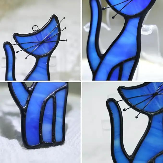 Cat Decor Stained Glass Window Hangings,Blue Cat Suncatcher for Window Cat Ornament Home Decor,Cat Themed Gifts for Women Cat Lovers Gifts,Great for Livingroom Bedroom by GreenHaven Gardens