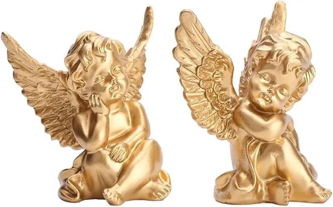 orenm 2 Pack Resin Cherubs Gold Angel Statue Figurine, Garden Sleeping Cherub Statue Sculpture Indoor Outdoor Home Decoration, Cute Adorable Angle Sculpture Memorial Statue(4" Height) (Gold) by GreenHaven Gardens