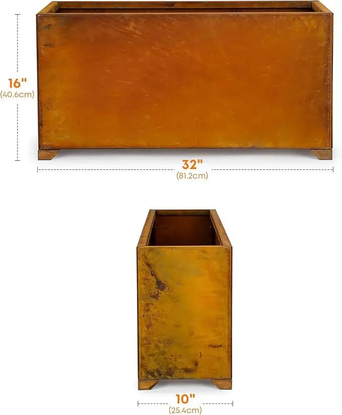 Stanbroil Corten Steel Planter Box for Outdoor Patio - 32 X10 X16 Inch Large Rectangular Metal Planter Box with Natural Rusty and Drainage Holes for Raising Flower, Plants by GreenHaven Gardens