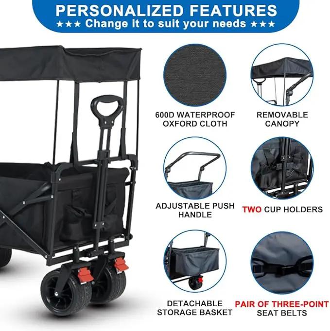 SKYMANOR Collapsible Wagon with Removable Canopy, 3-in-1 Heavy Duty Garden Cart with Big All-Terrain Wheels, Brakes, Adjustable Push Pull Handle, Cooler Bag, 300LBS Wagon Cart for Camping (Black) by GreenHaven Gardens