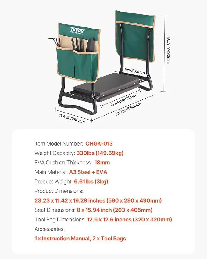 VEVOR Folding Garden Kneeler and Seat Heavy Duty, Widened 8" EVA Foam Pad, Portable Garden Stool with Tool Bags, Gardening Bench to Relieve Knee & Back Pain, Great Gifts for Seniors, Women, Parents by GreenHaven Gardens
