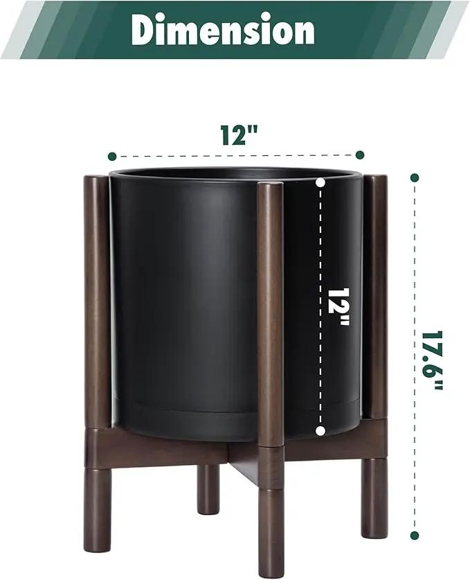 D'vine Dev Planter Pot with Stand - 12 Inch Plastic Cylinder Flower Pot with Wood Planter Holder for Indoor, Matte Black Pot + Walnut Color Stand, 55-C-O-2 by GreenHaven Gardens