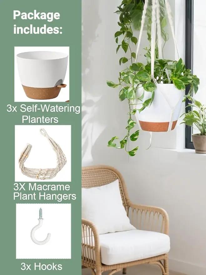 Set of 3 Hanging Planters for Indoor Plants with 10"/8"/7" Self-Watering Hanging Pots, Hanging Plant Pots with Drainage, 3 Different Size Macrame Plant Hangers with Hooks White Large by GreenHaven Gardens