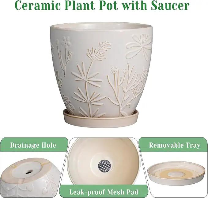 8 Inch Ceramic Pots for Plants Large Planter Pot with Drainage Hole and Saucer Round Flower Pot for Indoor Outdoor Decor, White by GreenHaven Gardens