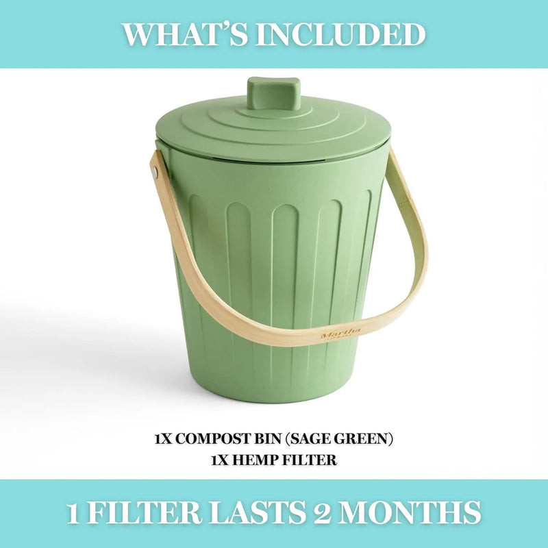 Martha Stewart Indoor Compost Bin | Countertop Composting Bucket for Kitchen | .7 Gallon Capacity | Includes Filter | Plant Based Materials | Sage Green by GreenHaven Gardens