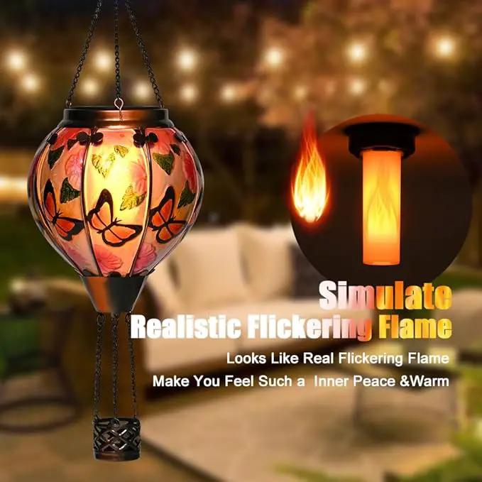 Hot Air Balloon Solar Lantern - Butterfly Stained Glass Lantern with Simulated Flickering Flame, Outdoor Hanging Yard Light Waterproof IP65 & Weather Resistant for Garden Patio Lawn Porch Decor Gfit by GreenHaven Gardens