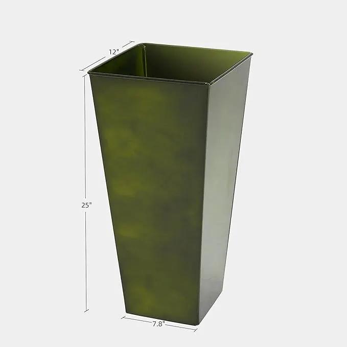 KOL Galvanized Steel Planter 25''H. with Saucer, Bright Glazed Planter with Drainage Hole, Set of 2, Tall Pots for Indoor & Outdoor Use, Decorative Flower Plant Pots for Porch, Patio, Deck - Green by GreenHaven Gardens